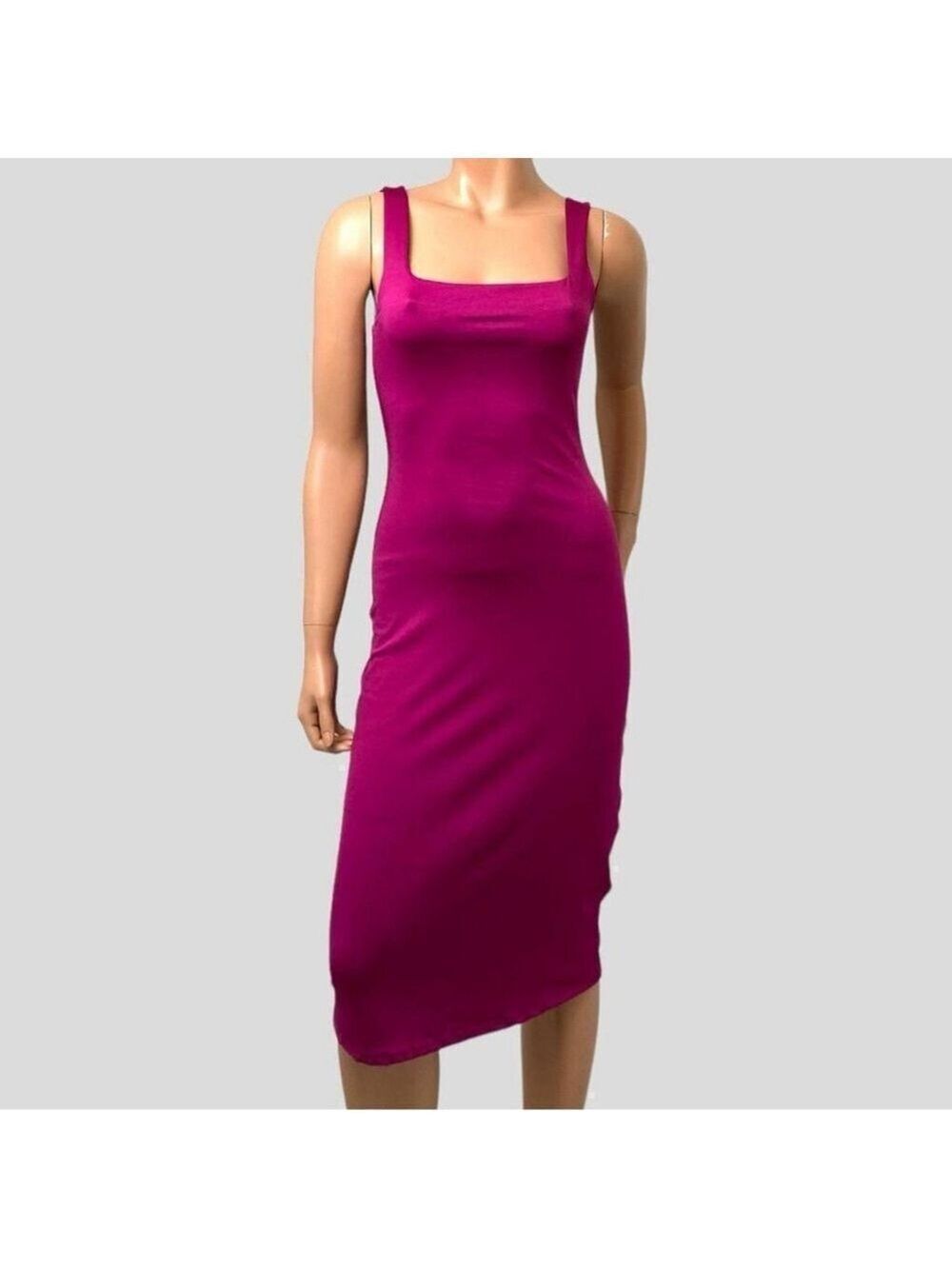 Sincerely Jules Hot Fuchsia M Slinky Sleeveless Square Neck Bodycon Midi Dress - Picture 2 of 6
